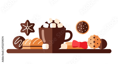 Hot chocolate with marshmallows and a selection of festive cookies for holiday season recipe illustrations and cozy winter themed designs