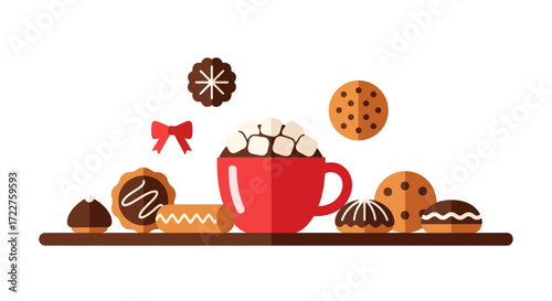 A cozy vector illustration featuring a red mug filled with marshmallows surrounded by assorted festive cookies and treats for holiday season greeting cards