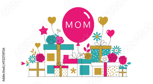 A delightful and cheerful arrangement of gift boxes, balloons, and flowers celebrating Mother's Day with love and appreciation for greeting cards and social media posts