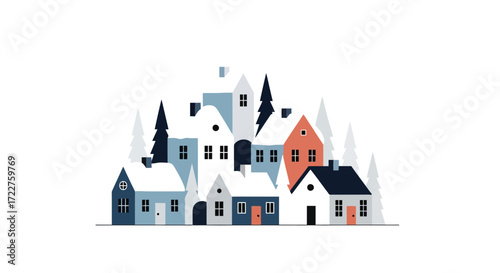 A charming winter village illustration with snow-covered houses, ideal for holiday cards, seasonal designs, and cozy winter-themed backgrounds evoking a sense of warmth and community