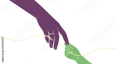 An illustration depicting the passing of a thread between two hands, symbolizing connection, inheritance, legacy, and guidance, suitable for social media or website content