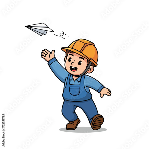 the joyful construction worker launching paper airplane dreams, isolated on transparent background