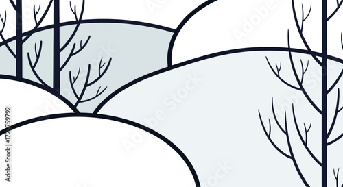 A minimalist winter landscape illustration featuring snow-covered hills and bare trees for seasonal backgrounds and holiday-themed designs
