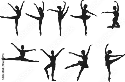 The image displays ten black silhouettes of ballerinas against a plain white background. Each silhouette captures a different classical ballet pose