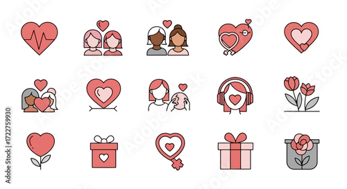 A collection of valentine's day icons featuring hearts, couples, gifts, and flowers, perfect for expressing love and affection in holiday designs and social media posts