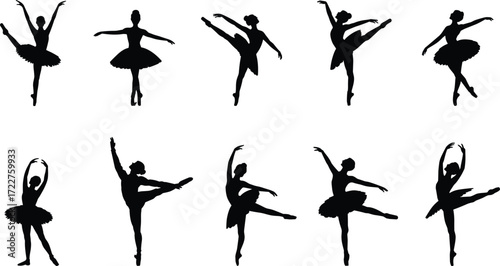 The image displays ten black silhouettes of ballerinas against a plain white background. Each silhouette captures a different classical ballet pose