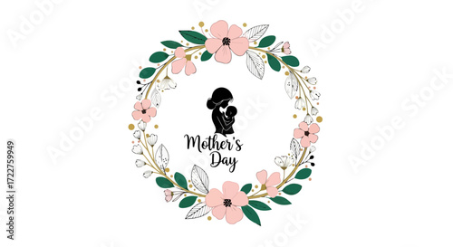 Floral wreath illustration with mother and child silhouette for Mother's Day cards, invitations, and celebratory designs representing maternal love and family bonds