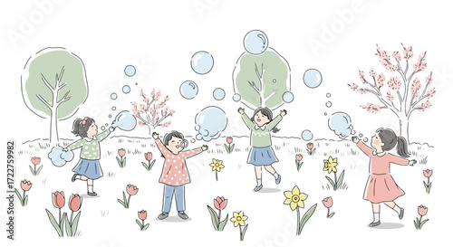 An illustration of children playing with bubbles in a springtime garden filled with blossoming trees and colorful tulips, for children's books and educational materials.