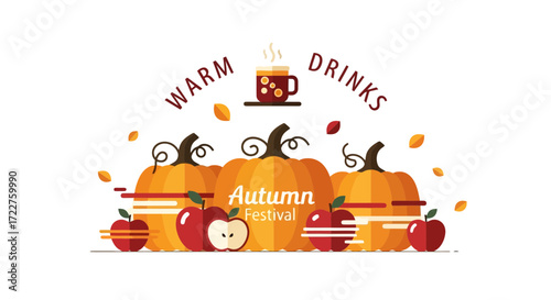 Autumnal beverage and harvest celebration illustration for seasonal promotions and thanksgiving events, featuring pumpkins, apples and a mug of warm drink