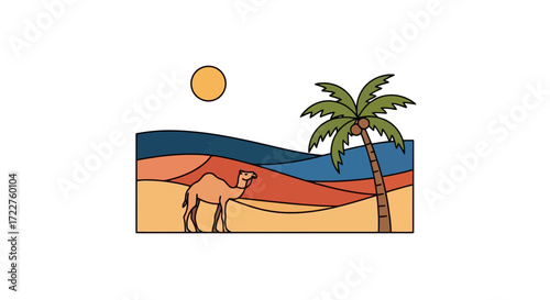 A stylized desert landscape illustration featuring a camel, palm tree, and rolling sand dunes, ideal for travel brochures and educational materials about arid environments