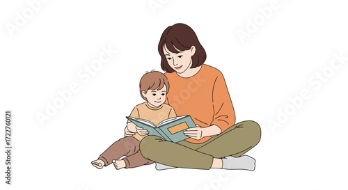 A heartwarming illustration of a mother and child reading a book together, promoting literacy, family bonding, and the joy of storytelling for educational resources