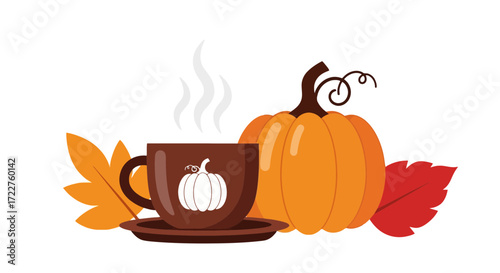 A cozy autumn scene featuring a steaming cup of pumpkin spice latte alongside a vibrant orange pumpkin and colorful fall leaves for seasonal designs