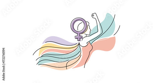 A minimalist line art illustration celebrates women's empowerment and gender equality with a Venus symbol and flowing, vibrant hair for social media campaigns