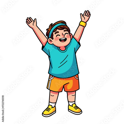 victorious kid celebrating fitness fun, isolated on transparent background