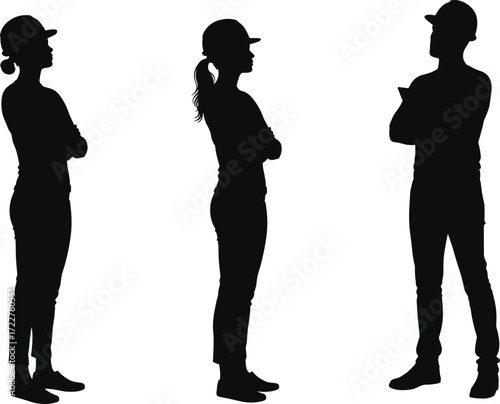 construction worker silhouettes standing with arms crossed male and female workers in hard hats job site crew team discussion teamwork posture industry occupation