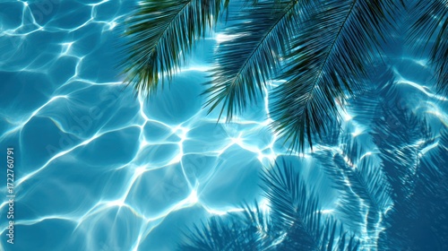 Tropical pool water surface with palm fronds