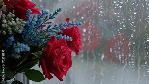 Raindrops Flowing Down Window with Red Rose Bouquet