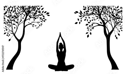 Vector illustration of a girl meditating, nature elements, minimalist, black and white 