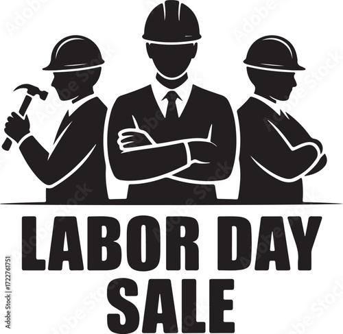 Labor day sale featuring construction workers and hard hats for discount promotions