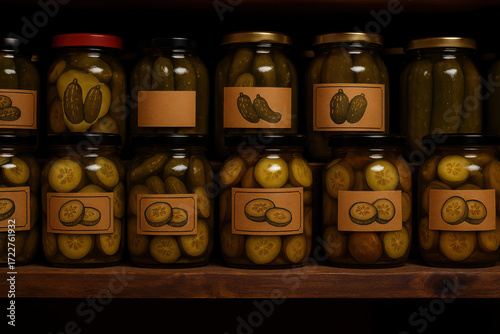 Pickled cucumbers in vintage jars, photorealism, warm tones, pantry