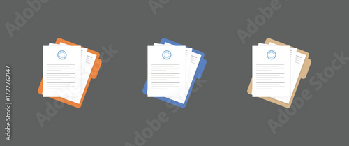 Document icon. Contract papers, paper documents. Folder with stamp and text. Stack of agreements document with signature and approval stamp. Business documents. Folder, stack papers.