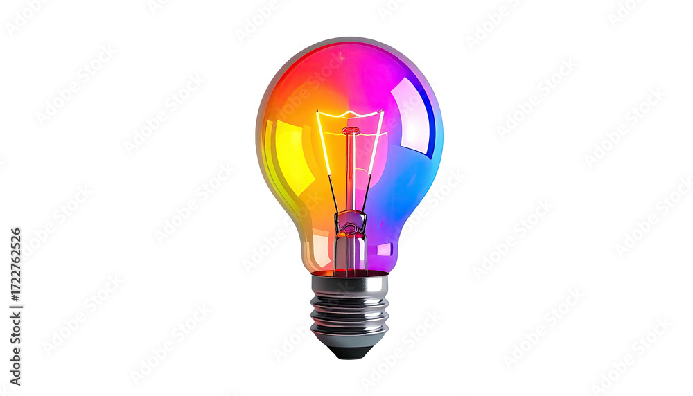 Fototapeta premium A vibrant, multicolored lightbulb against a black background. The bulb displays a gradient of rainbow colors, from red to violet, radiating outward. The filament is visible inside