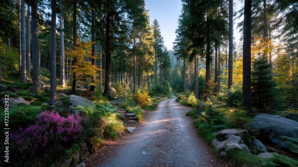Naklejka premium Autumn Forest Path with Sunlight Streaming Through Tall Trees Gravel Road and Purple Heather Blooms