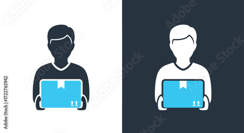 Person holding a blue package delivery service icon for logistics and shipping concepts