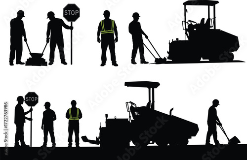 road construction workers with stop sign asphalt paving roller machine silhouette highway maintenance roadwork crew traffic control building repair street infrastructure engineering