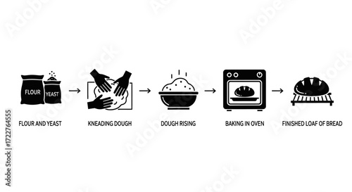 A step-by-step infographic depicting the process of baking bread, from flour and yeast to a finished loaf.