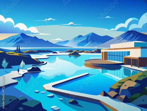 blue lagoon iceland vector landscape illustration