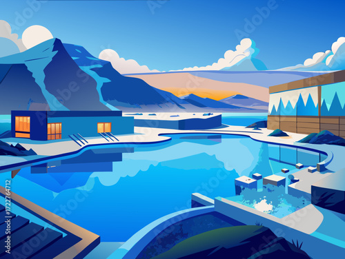 blue lagoon iceland vector landscape illustration