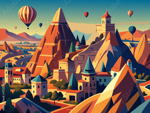 cappadocia turkey land andair balloon experience vector landscape illustration
