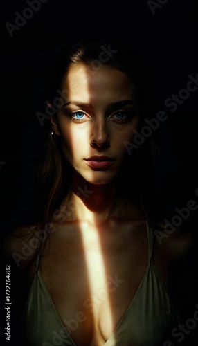 Dramatic closeup of a woman illuminated by striking light in a dark environment