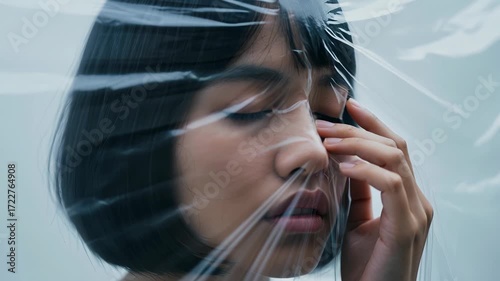 Closeup of a woman with bob haircut gently touching her face through transparent film