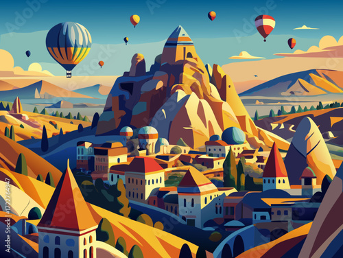 cappadocia turkey land andair balloon experience vector landscape illustration