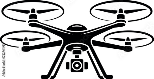 Sleek black drone with camera poised for aerial photography or surveillance