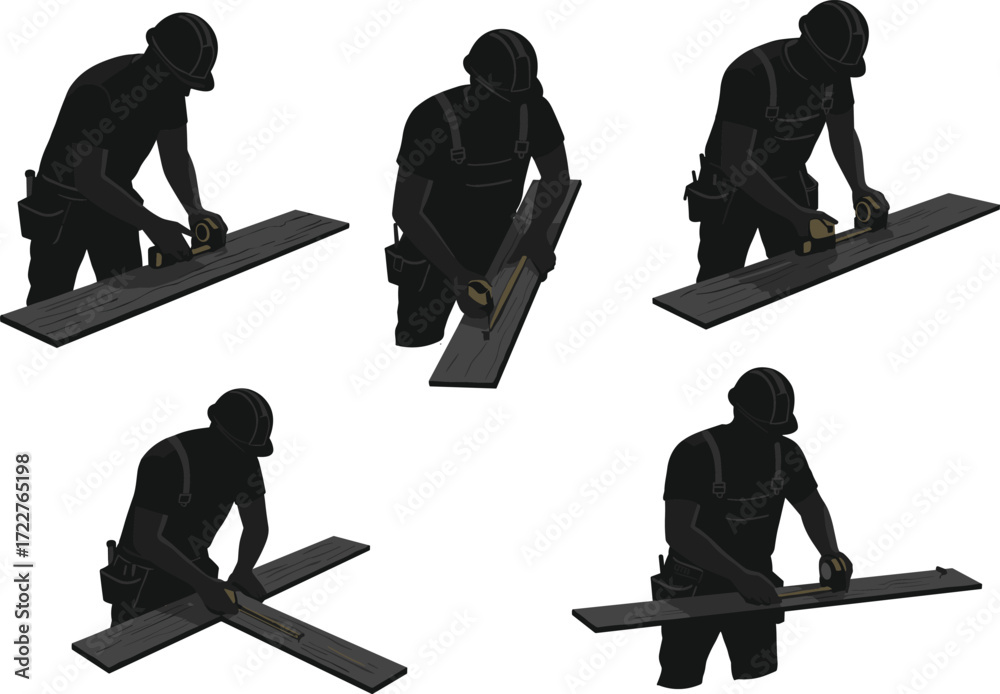 Obraz premium construction worker carpenter measuring wood board with tape measure marking lumber precision woodworking carpentry project building material craftsman measurement tool accuracy planning