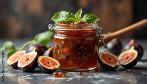 Fig jam jar, close-up food photo, warm tones, homemade preserves -