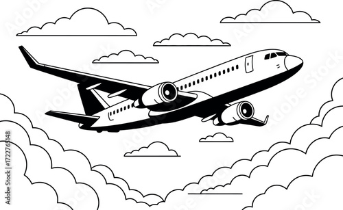 Modern passenger jet soaring through a sky filled with fluffy clouds, symbolizing travel and freedom.