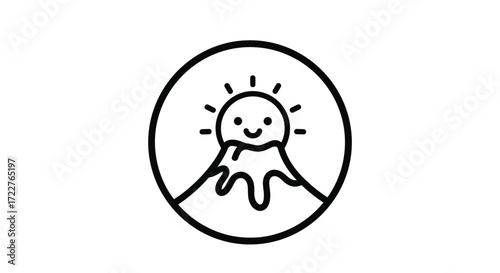 A cute cartoon sun peeking out from behind a melting volcano. This illustration is enclosed within a black circle. The sun has a happy face and rays emanating outwards.