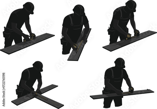 construction worker carpenter measuring wood board with tape measure marking lumber precision woodworking carpentry project building material craftsman measurement tool accuracy planning