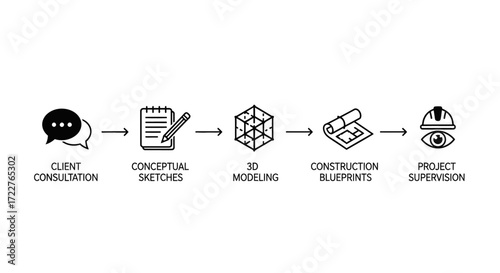 An infographic depicting the sequential steps in an architectural or engineering project, from client briefing to site supervision.