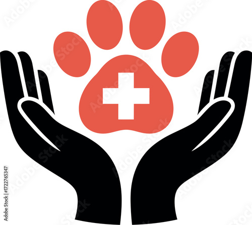 Caring hands gently hold a paw print with a medical cross, symbolizing animal care and veterinary services.