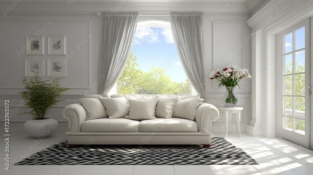 Fototapeta premium Bright White Living Room with Sofa and Flowers