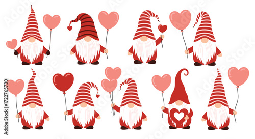 Cute gnomes with heart balloons for valentine's day celebration.