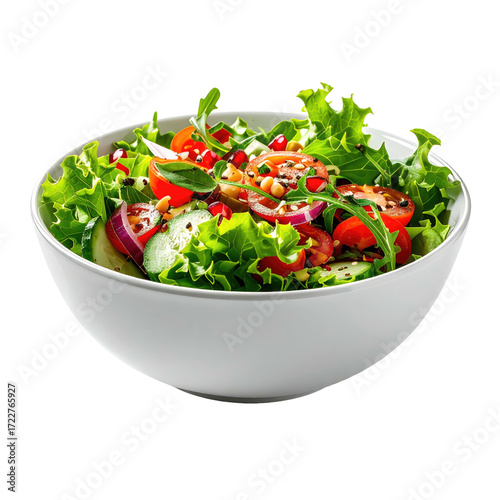 Fresh salad in a white bowl, featuring mixed greens, tomatoes, cucumber, red onion, and pomegranate seeds