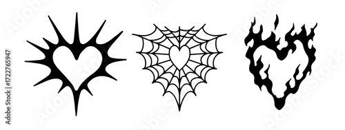 Vector illustration features three bold, black heart designs in tattoo style on a white background: a web, a spiked, and a flame heart. A collection of emo y2k-style flash tattoos.