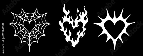 Vector illustration features three bold, heart designs in tattoo style: a web, a spiked, and a flame heart. A collection of emo y2k-style flash tattoos.