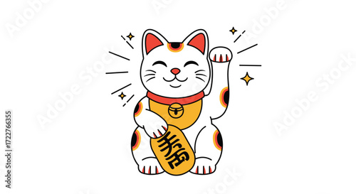 A cute maneki neko cat raising its paw to bring good luck and fortune.